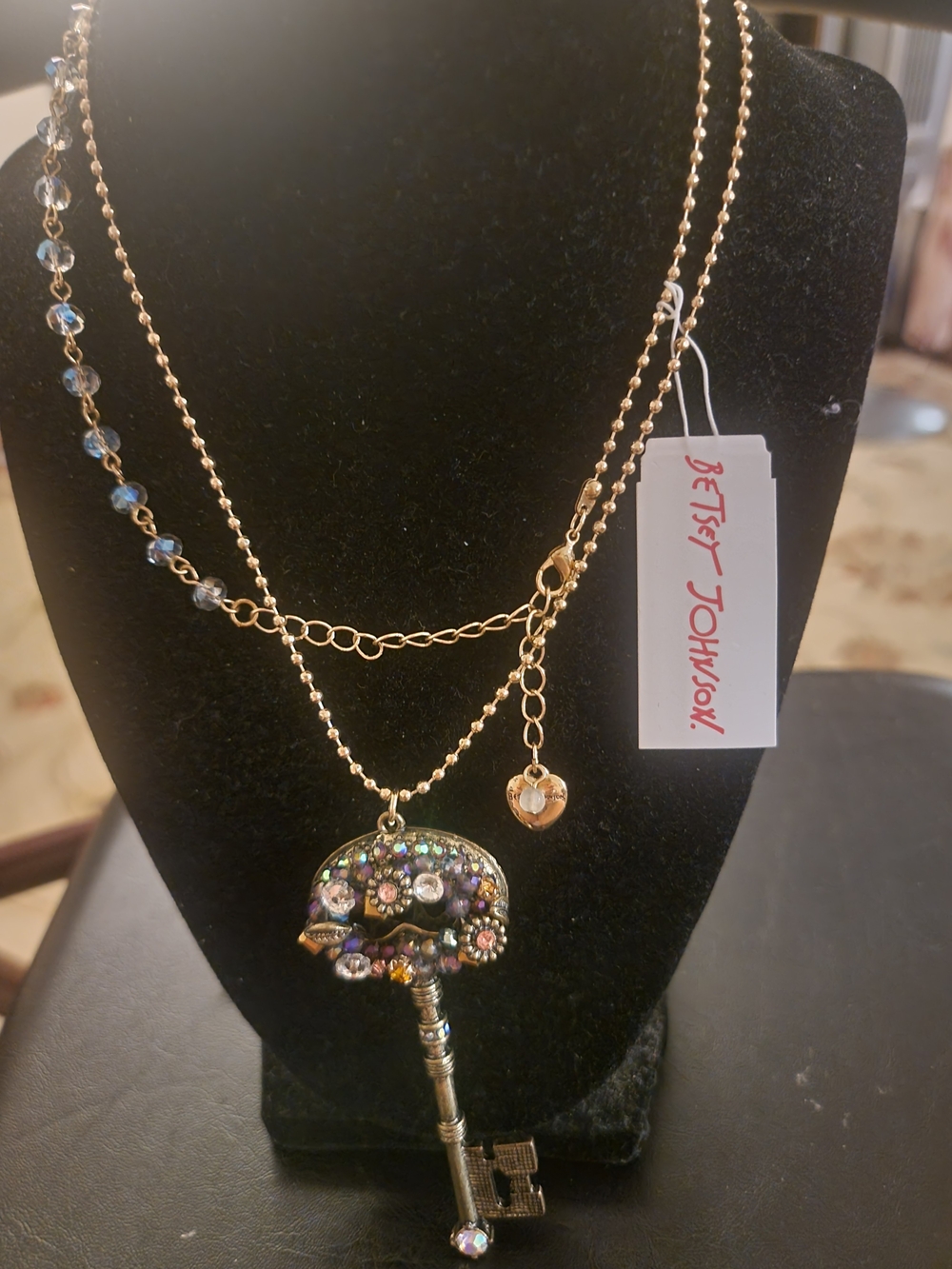 Betsey Johnson Gold-Tone Key Pendant Necklace with Multicolor Crystals